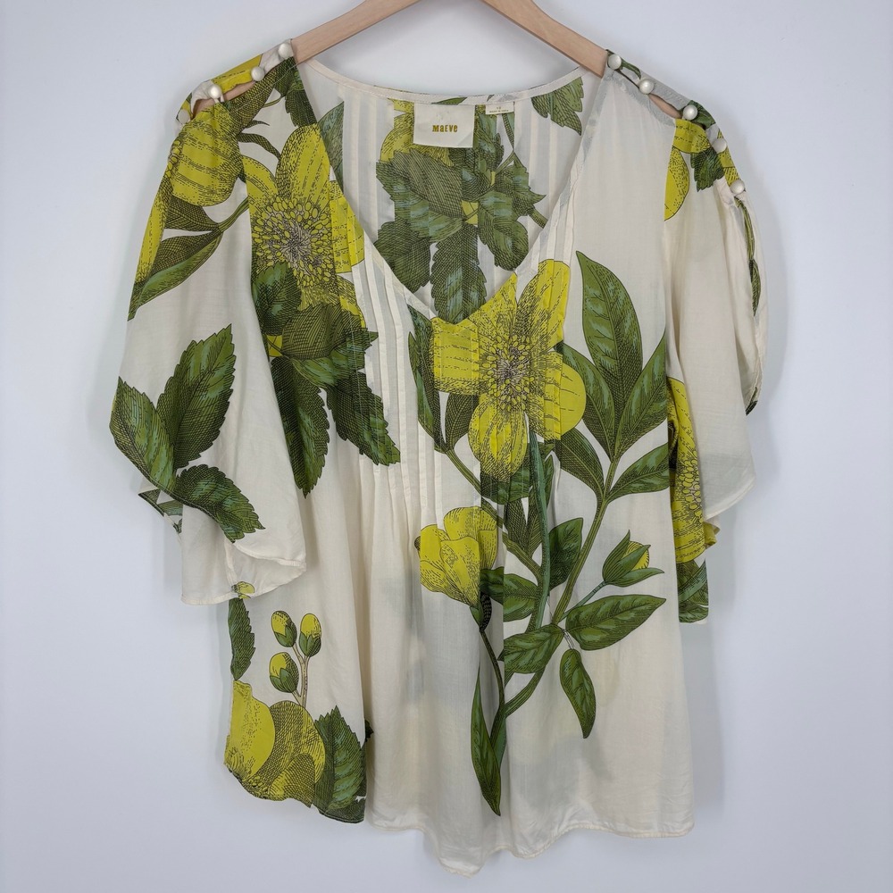 Maeve Anthropologie Maya Floral Pleated Blouse Womens 10 Rayon Top Boho